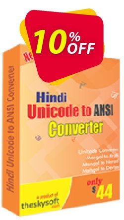 TheSkySoft Hindi Unicode to ANSI Converter Coupon, discount 10%Discount. Promotion: amazing promo code of Hindi Unicode to ANSI Converter 2022