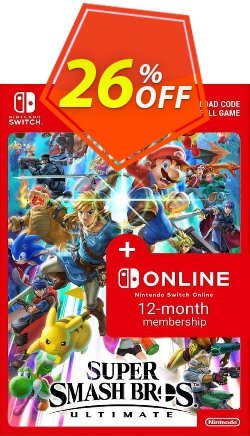 26% OFF Super Smash Bros. Ultimate + 12 Month Membership Switch Coupon code