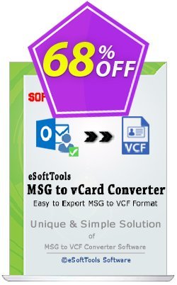 eSoftTools MSG to vCard Converter Coupon, discount Coupon code eSoftTools MSG to vCard Converter - Personal License. Promotion: eSoftTools MSG to vCard Converter - Personal License offer from eSoftTools Software