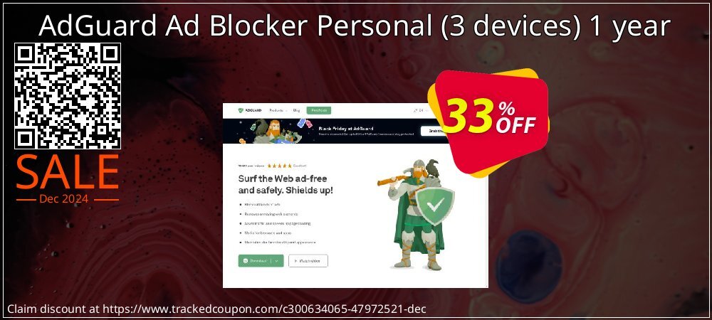 AdGuard Ad Blocker Personal - 3 devices 1 year coupon on National Loyalty Day offering discount